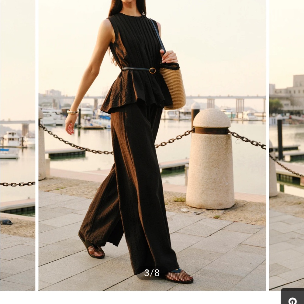 Commense Peplum Top Wide-Leg Pants Set With Belt - Picture 4 of 8